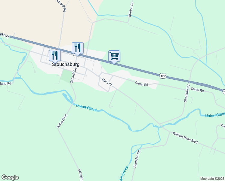 map of restaurants, bars, coffee shops, grocery stores, and more near 10 Main Street in Womelsdorf