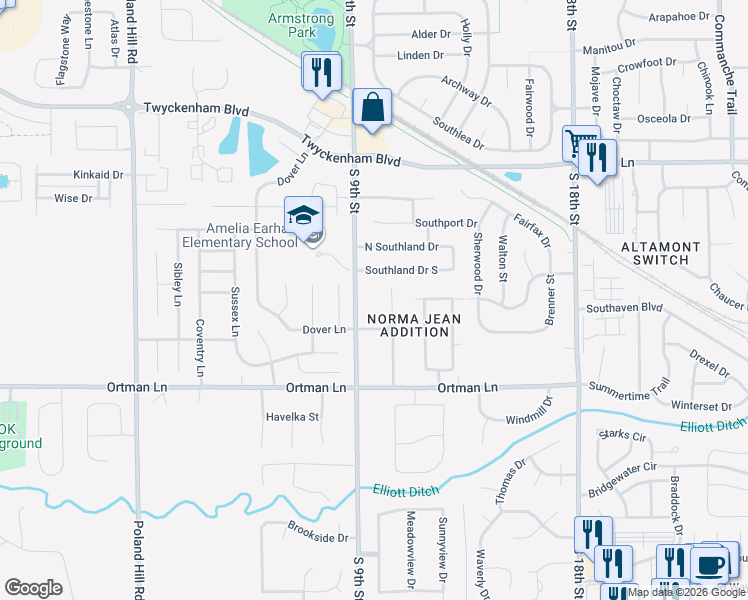 map of restaurants, bars, coffee shops, grocery stores, and more near 3308 South 10th Street in Lafayette