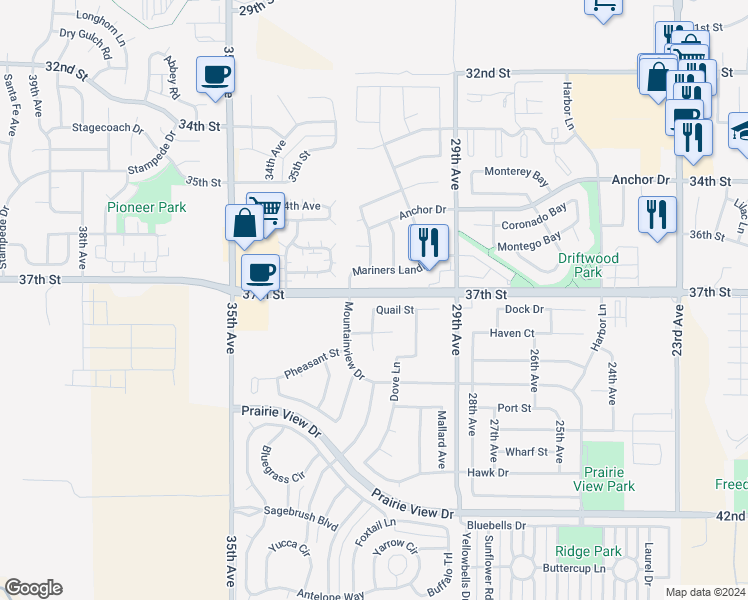 map of restaurants, bars, coffee shops, grocery stores, and more near 3029 Quail Street in Evans