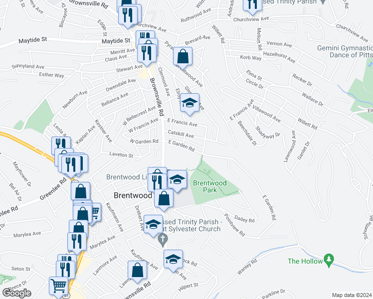 map of restaurants, bars, coffee shops, grocery stores, and more near 206 East Garden Road in Pittsburgh