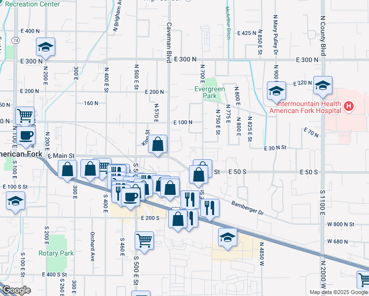map of restaurants, bars, coffee shops, grocery stores, and more near 36 North 640 East in American Fork