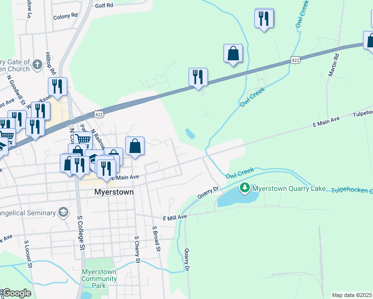 map of restaurants, bars, coffee shops, grocery stores, and more near 309 East Main Avenue in Myerstown