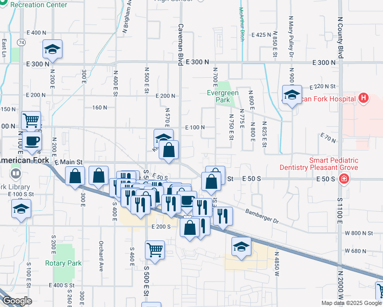 map of restaurants, bars, coffee shops, grocery stores, and more near 627 East 30 North in American Fork