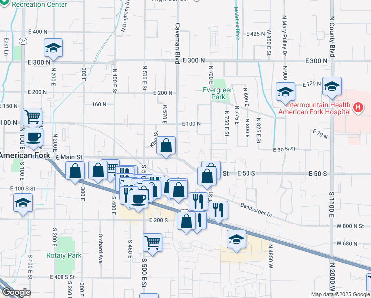 map of restaurants, bars, coffee shops, grocery stores, and more near 621 East 30 North in American Fork