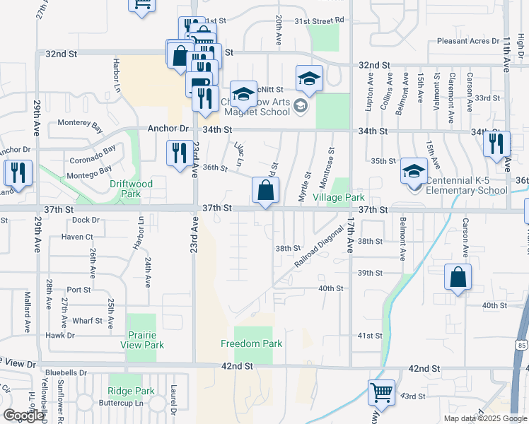 map of restaurants, bars, coffee shops, grocery stores, and more near 2000 37th Street in Evans