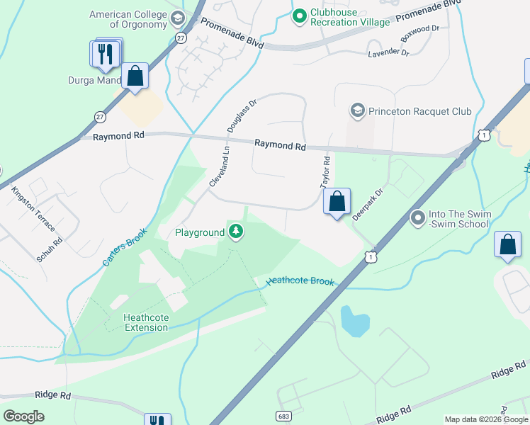 map of restaurants, bars, coffee shops, grocery stores, and more near 27 Taylor Road in South Brunswick Township
