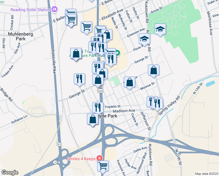 map of restaurants, bars, coffee shops, grocery stores, and more near 514 Raymond Street in Reading