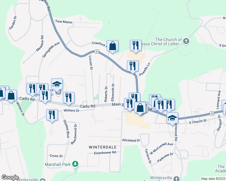 map of restaurants, bars, coffee shops, grocery stores, and more near 111 Ellsworth Street in Wintersville