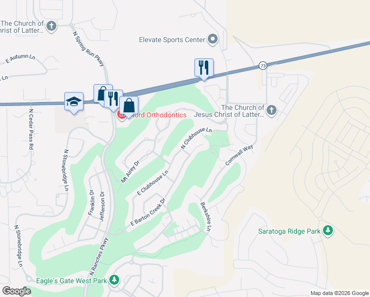 map of restaurants, bars, coffee shops, grocery stores, and more near 9005 Barton Creek Drive in Eagle Mountain