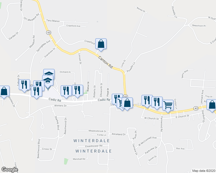map of restaurants, bars, coffee shops, grocery stores, and more near 104 Floyd Street in Wintersville