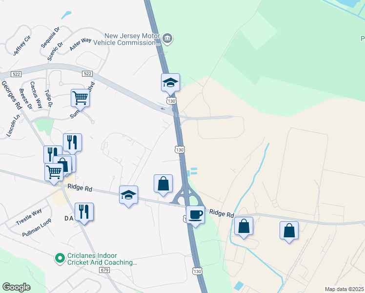 map of restaurants, bars, coffee shops, grocery stores, and more near County Road 522 in South Brunswick Township