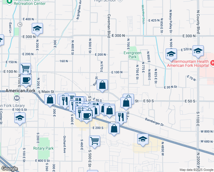 map of restaurants, bars, coffee shops, grocery stores, and more near 589 East Main Street in American Fork