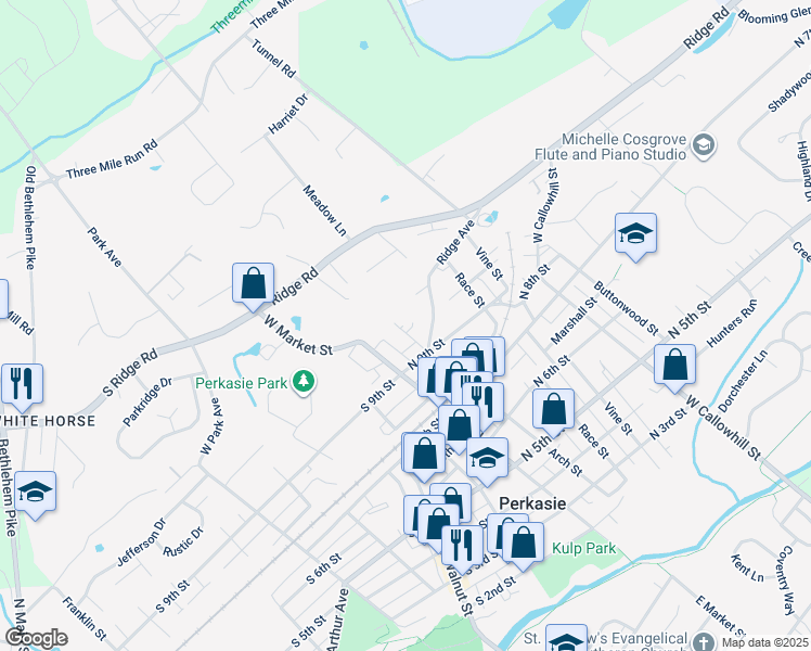 map of restaurants, bars, coffee shops, grocery stores, and more near 102 Ridge Avenue in Perkasie