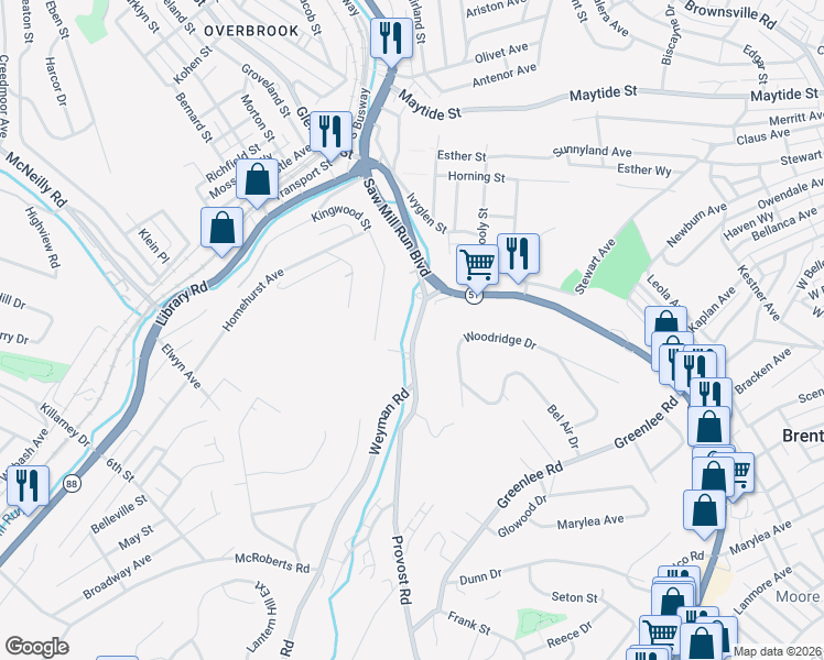map of restaurants, bars, coffee shops, grocery stores, and more near 221 Provost Road in Pittsburgh