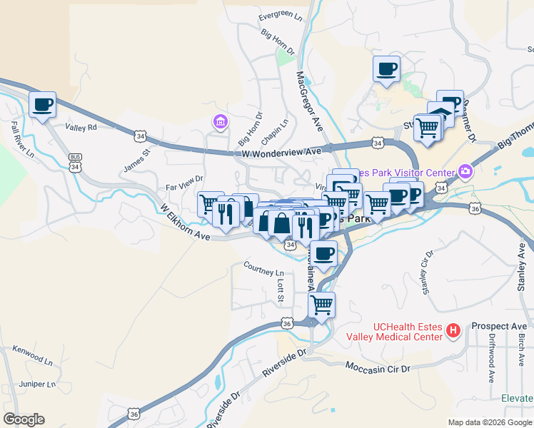 map of restaurants, bars, coffee shops, grocery stores, and more near 150 Lawn Lane in Estes Park