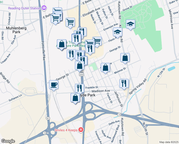map of restaurants, bars, coffee shops, grocery stores, and more near 514 Raymond Street in Reading