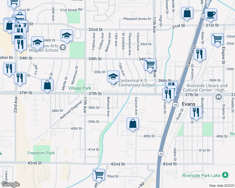 map of restaurants, bars, coffee shops, grocery stores, and more near 1400 37th Street in Evans