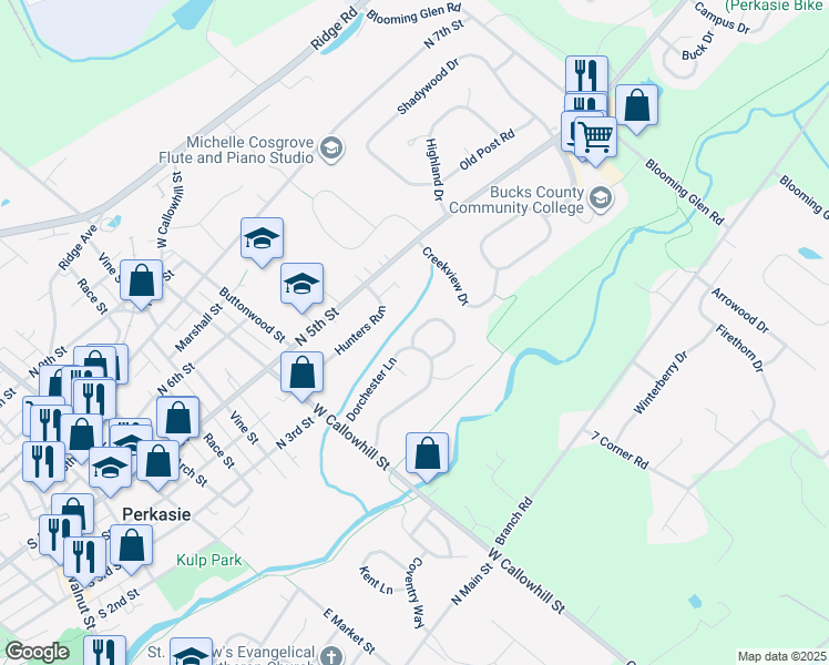 map of restaurants, bars, coffee shops, grocery stores, and more near 514 Waltham Lane in Perkasie