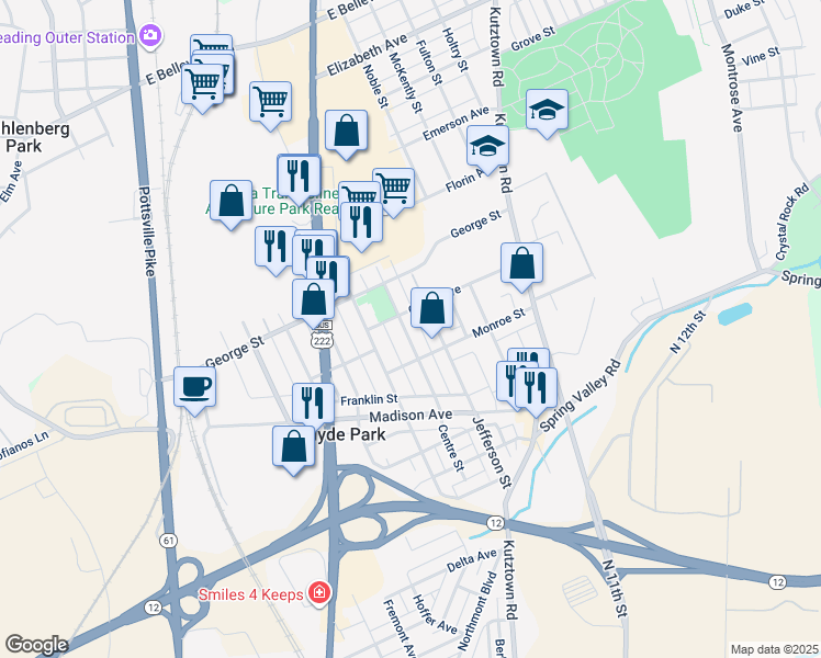 map of restaurants, bars, coffee shops, grocery stores, and more near 557 Centre Street in Reading