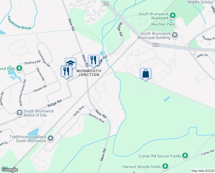 map of restaurants, bars, coffee shops, grocery stores, and more near 12 Jordan Way in South Brunswick Township