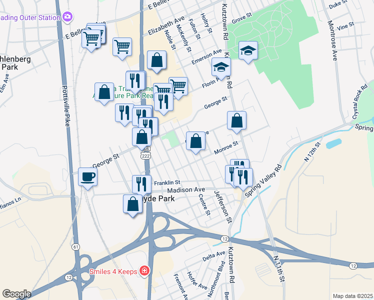 map of restaurants, bars, coffee shops, grocery stores, and more near 557 Centre Street in Reading