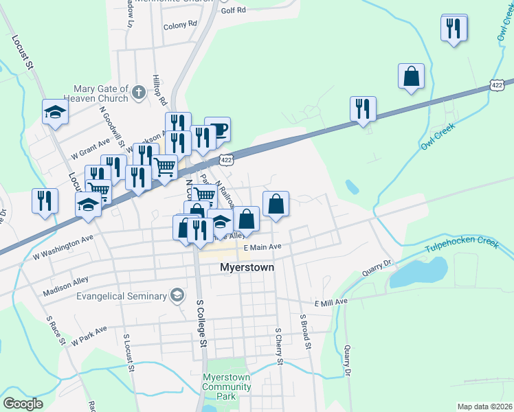 map of restaurants, bars, coffee shops, grocery stores, and more near 100 North Hoover Street in Myerstown