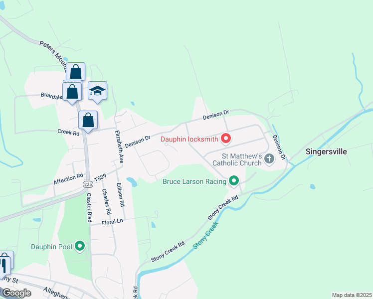 map of restaurants, bars, coffee shops, grocery stores, and more near 832 Stoney Creek Drive in Dauphin
