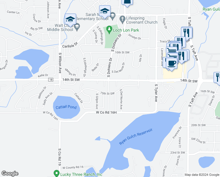 map of restaurants, bars, coffee shops, grocery stores, and more near 1452 South Dotsero Drive in Loveland