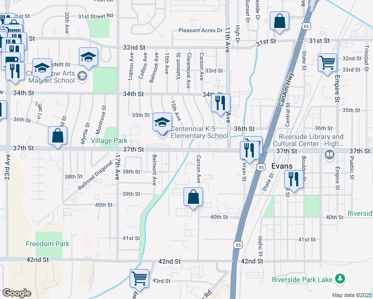 map of restaurants, bars, coffee shops, grocery stores, and more near 1400 37th Street in Evans