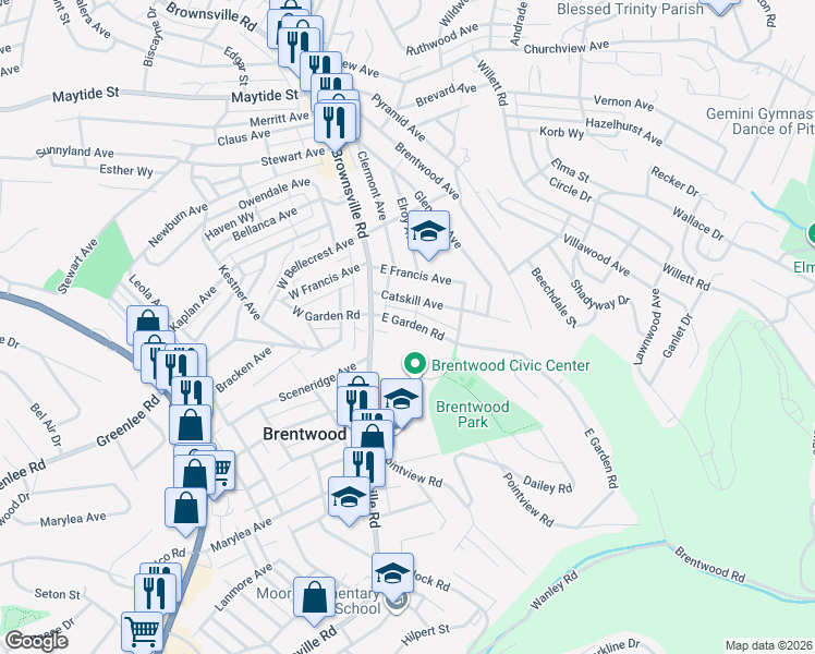 map of restaurants, bars, coffee shops, grocery stores, and more near 120 East Garden Road in Pittsburgh