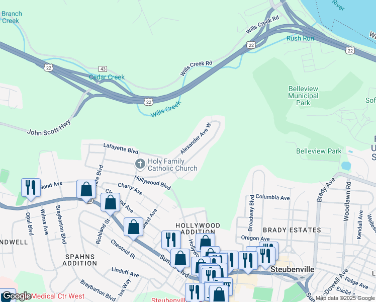 map of restaurants, bars, coffee shops, grocery stores, and more near 2443 Alexander Avenue East in Steubenville
