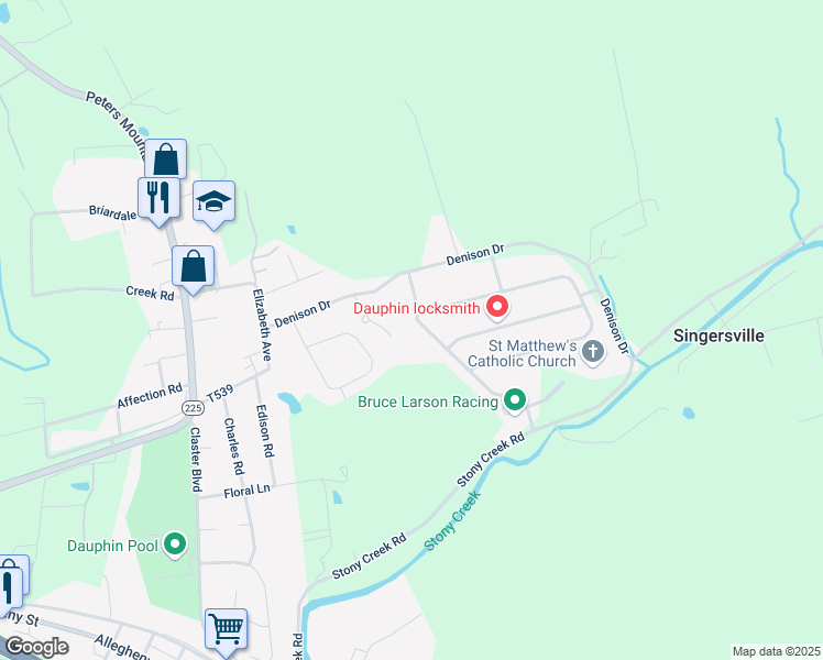 map of restaurants, bars, coffee shops, grocery stores, and more near 832 Stoney Creek Drive in Dauphin