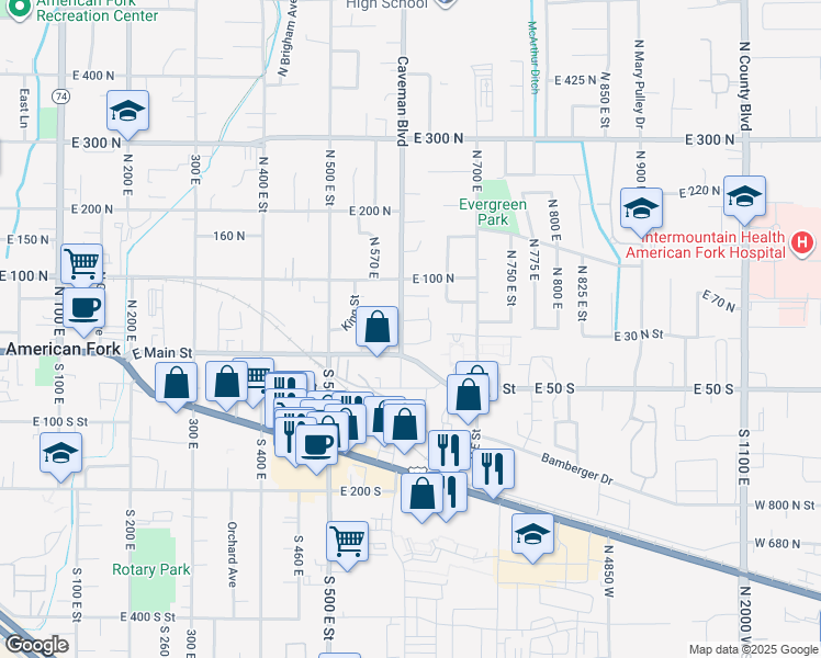 map of restaurants, bars, coffee shops, grocery stores, and more near 612 East 50 North in American Fork