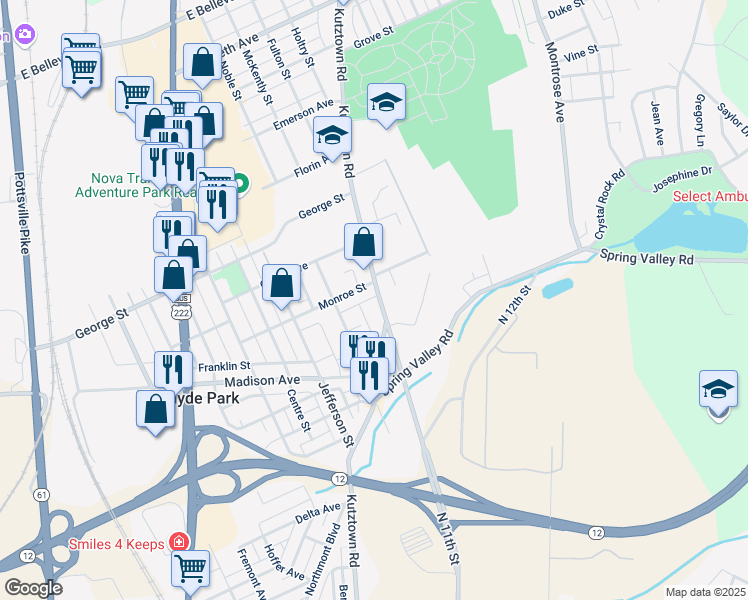 map of restaurants, bars, coffee shops, grocery stores, and more near 2828 Kutztown Road in Reading