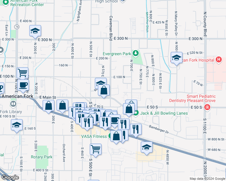 map of restaurants, bars, coffee shops, grocery stores, and more near 632 East 30 North in American Fork