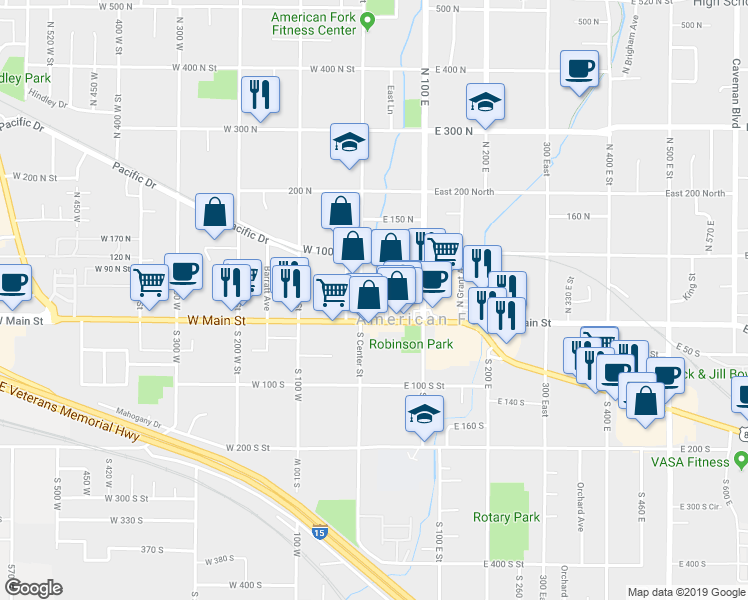 map of restaurants, bars, coffee shops, grocery stores, and more near 31 Church Street in American Fork