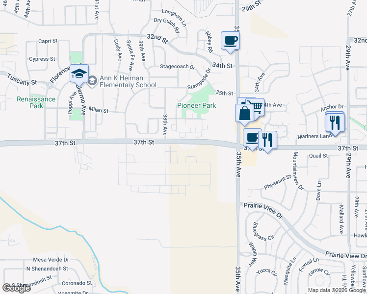 map of restaurants, bars, coffee shops, grocery stores, and more near 3720 37th Street in Evans