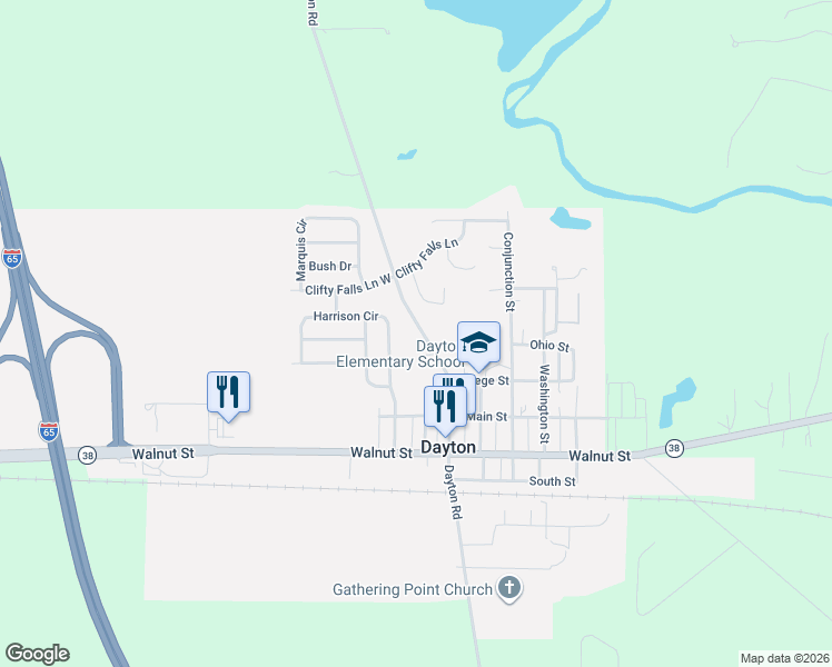 map of restaurants, bars, coffee shops, grocery stores, and more near 667 Harrison Circle in Dayton