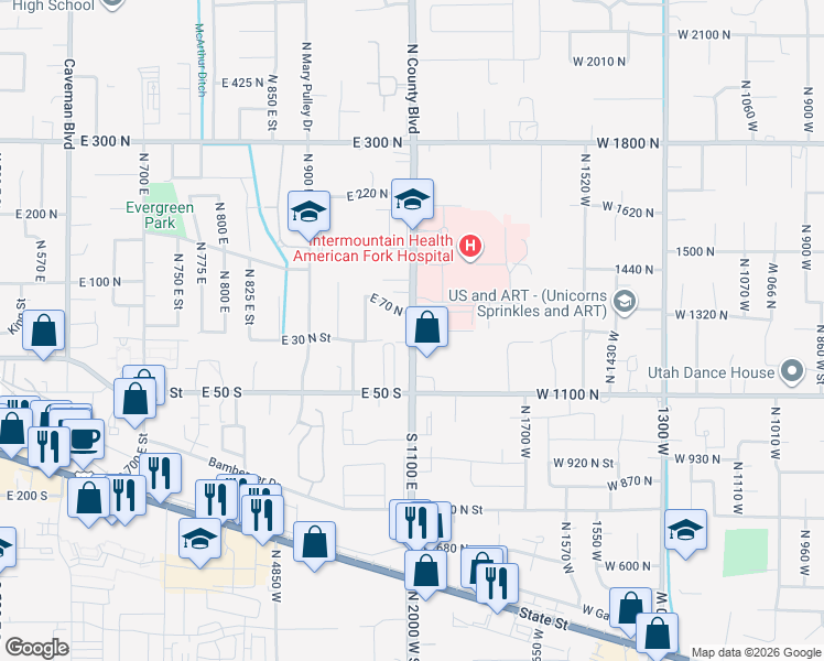 map of restaurants, bars, coffee shops, grocery stores, and more near 4650 West Magnolia Drive in Highland