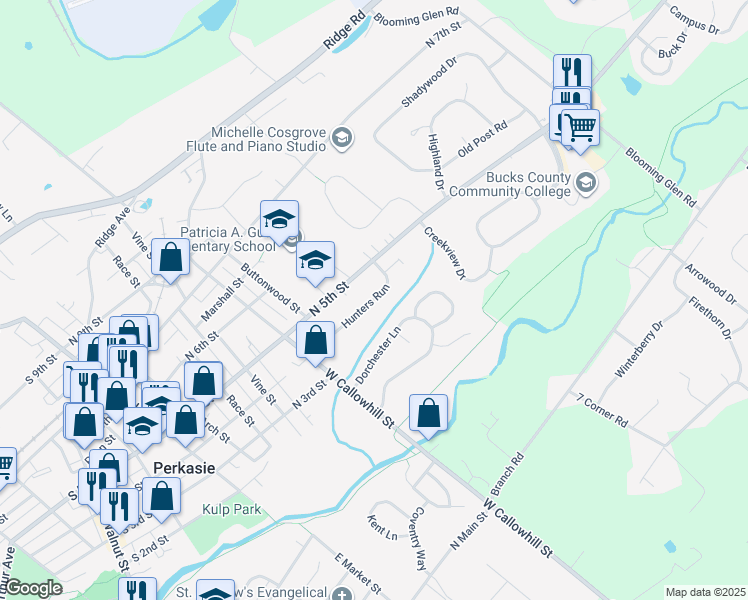 map of restaurants, bars, coffee shops, grocery stores, and more near 609 Hunters Run in Perkasie