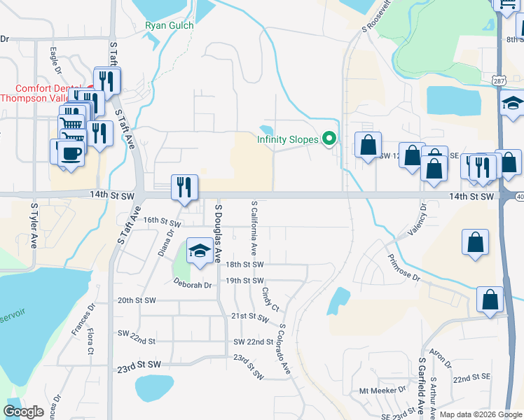 map of restaurants, bars, coffee shops, grocery stores, and more near 703 16th Street Southwest in Loveland