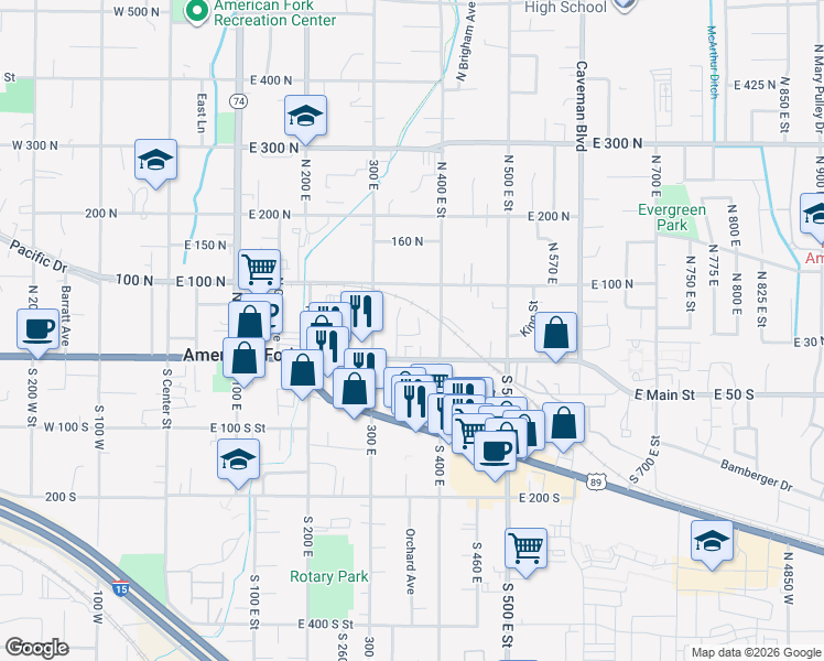 map of restaurants, bars, coffee shops, grocery stores, and more near 367 East Main Street in American Fork