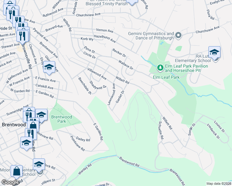 map of restaurants, bars, coffee shops, grocery stores, and more near 436 Ganlet Drive in Pittsburgh