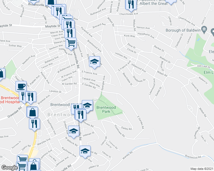 map of restaurants, bars, coffee shops, grocery stores, and more near 321 East Garden Road in Pittsburgh
