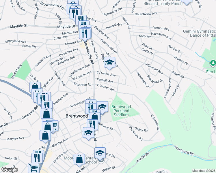 map of restaurants, bars, coffee shops, grocery stores, and more near 3331 Brownsville Road in Pittsburgh