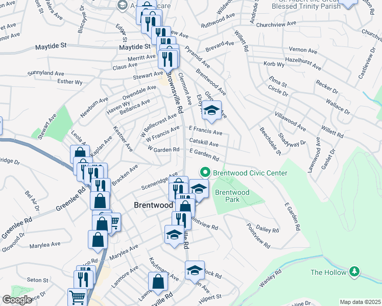 map of restaurants, bars, coffee shops, grocery stores, and more near 3336 Brownsville Road in Pittsburgh