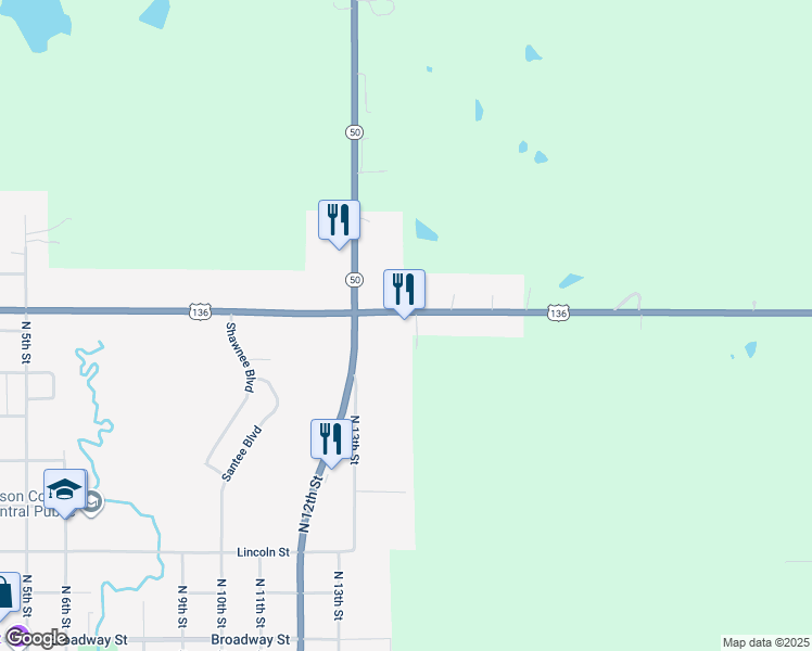 map of restaurants, bars, coffee shops, grocery stores, and more near US Highway 136 in Tecumseh