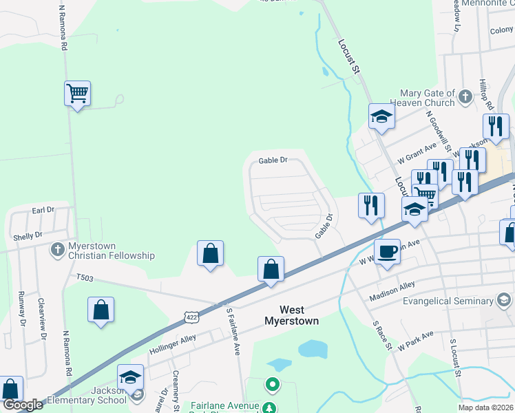 map of restaurants, bars, coffee shops, grocery stores, and more near 76 Gable Drive in Myerstown