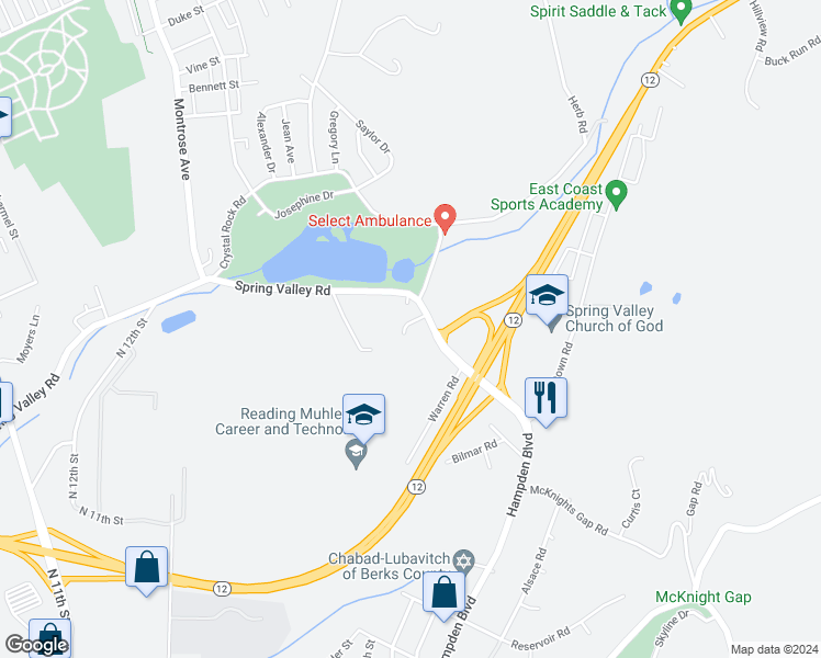 map of restaurants, bars, coffee shops, grocery stores, and more near 506 Spring Valley Road in Reading