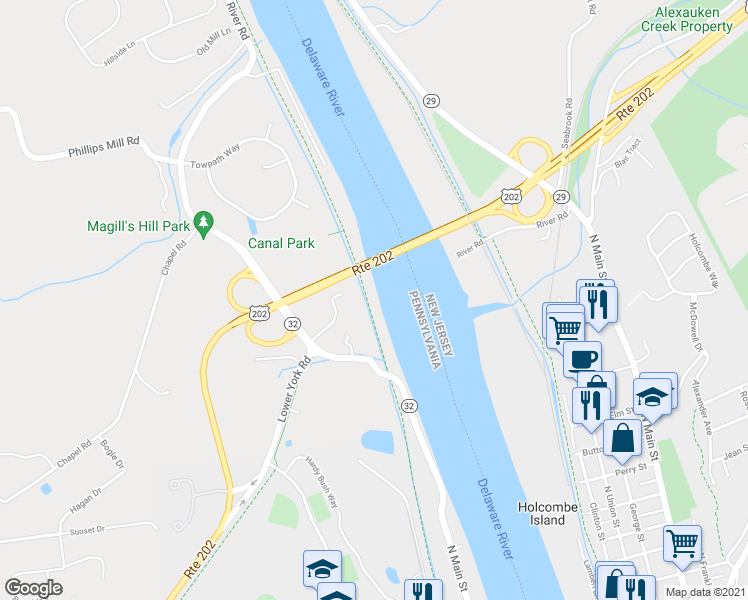 map of restaurants, bars, coffee shops, grocery stores, and more near 2458 River Road in New Hope